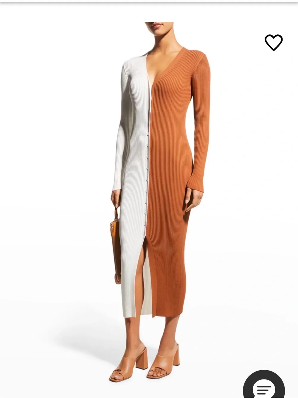 STAUD Two-Tone Ribbed Button-Front Midi Dress in White and Brown - Picture 1 of 5